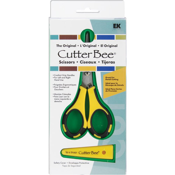 EK Success - Cutter Bee Scissors 5" Original. These pointed tipped scissors feature a comfort grip handle for left handed and right handed use and are great for cutting neat and perfect details in foam, paper, vellum, photos and more. This package contains one pair of 5 inch scissors with a snap-on plastic tip protector. Imported. Available in Bowmanville Ontario Canada.