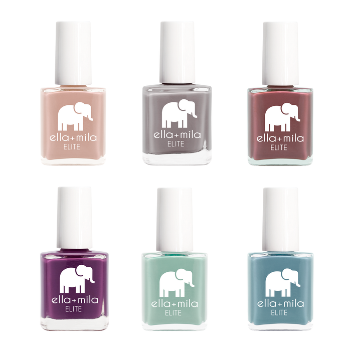 Elite Collection 6 nail polish bottles in sandy nude, taupe, brick red, berry, icy green and grey blue