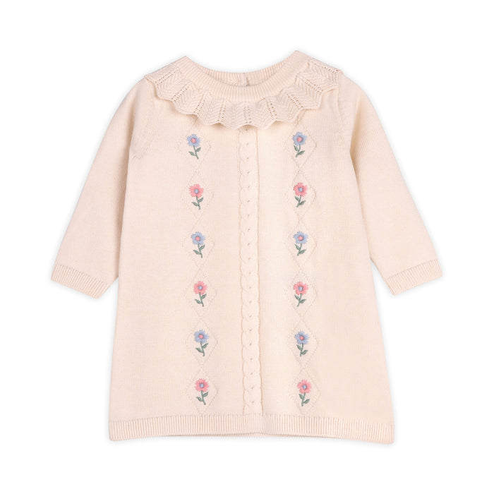 Emma Floral Embroidered Knit Baby Ruffle Dress (Organic Cotton)