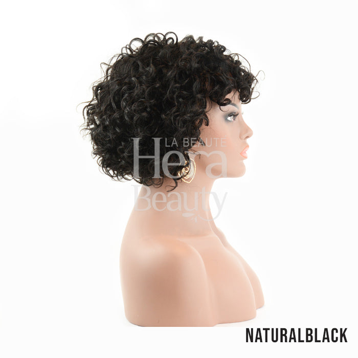 OUTRE 10 inch unprocessed human hair wig natural black short curly bob on mannequin side profile