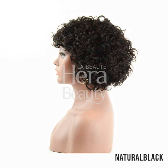 OUTRE 10 inch unprocessed human hair wig in natural black short curly style on mannequin head