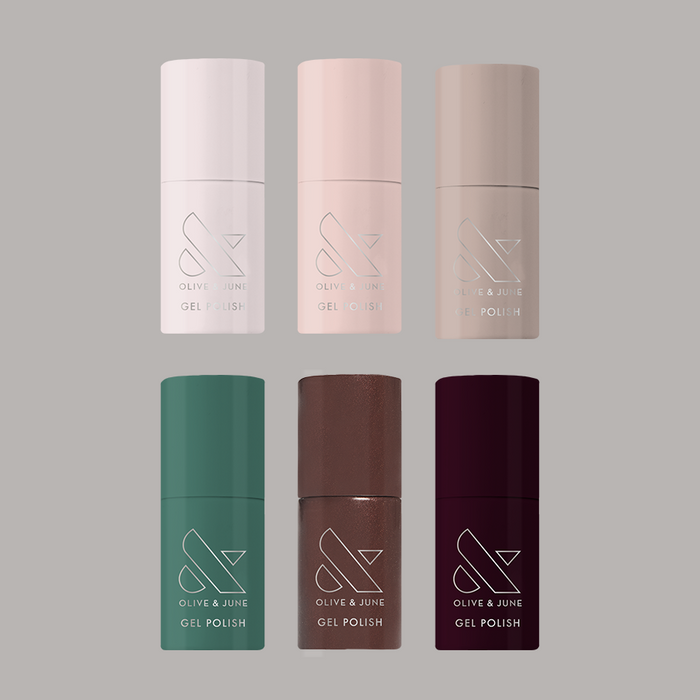 Six minimalist gel polish bottles in muted fall tones from the Fall Gel Polish Set by Olive and June