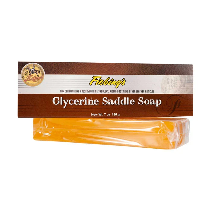 Front view of Fiebing's Glyceine Saddle Soap 7 oz. bar. and package. Front view.