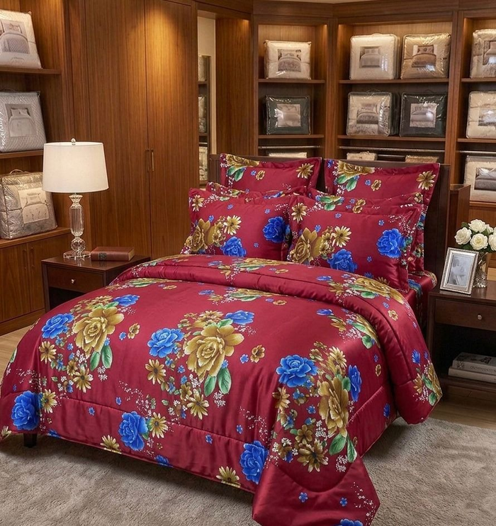 Floral Comforter Bedding Set | 5x6 | Blue & Gold Roses | Soft & Warm - Burgundy Red