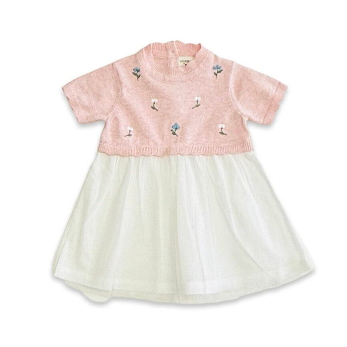 Floral Embroidered Short Sleeve Tutu Baby Knit Dress (Organic Cotton)