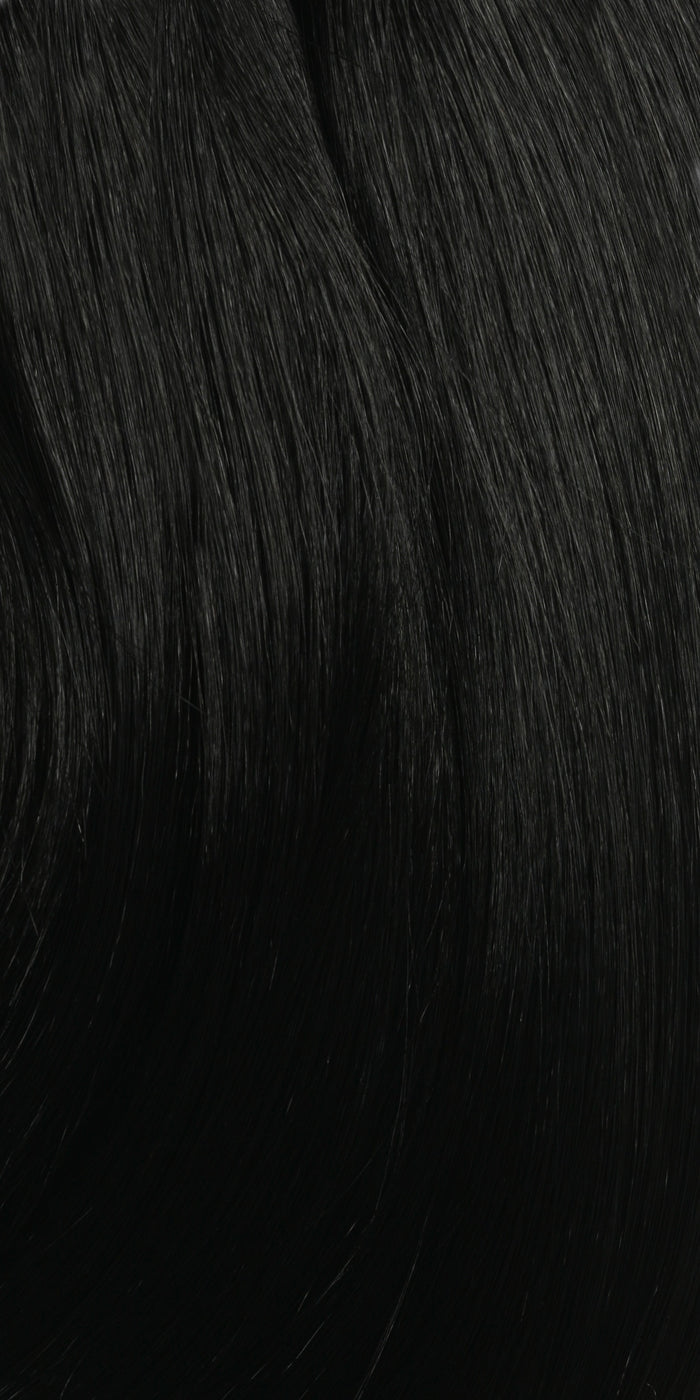 SHAKE N GO Freetress Equal Valentino lace wig in natural jet black straight hair texture close up