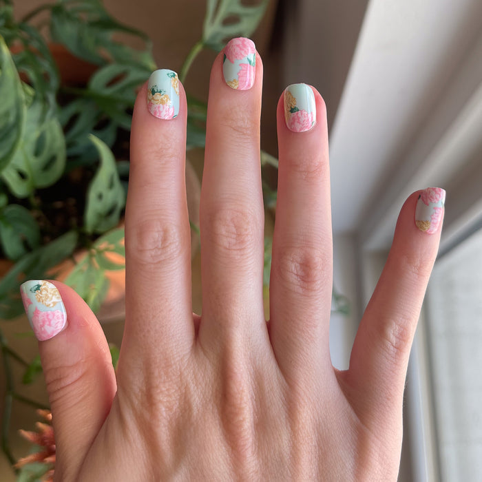 Full Floral - Press-On | Extra Short | Squoval showing pastel blue and pink floral press-on nails on hand near leafy plants and window light
