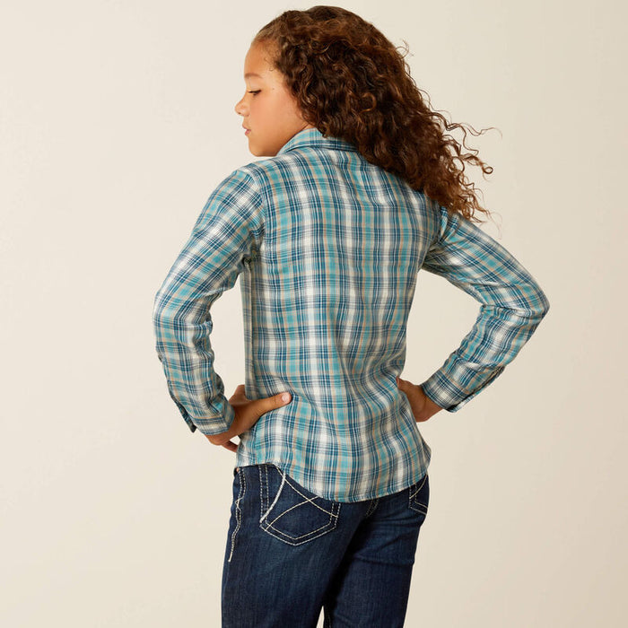 Girl's Ariat long sleeve pearl snap shirt in Aquamarine Plaid. Front view showing shirt untucked. Rear view showing shirt untucked.
