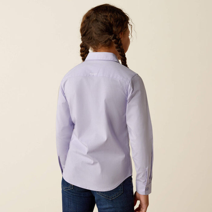 Girls Ariat Long Sleeve shirt in Sweet Lavender Stripe. Rear view showing shirt untucked.