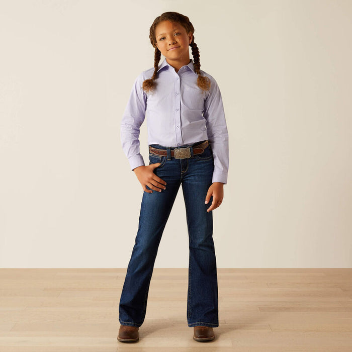 Girls Ariat Long Sleeve shirt in Sweet Lavender Stripe. Full front view showing shirt tucked in.