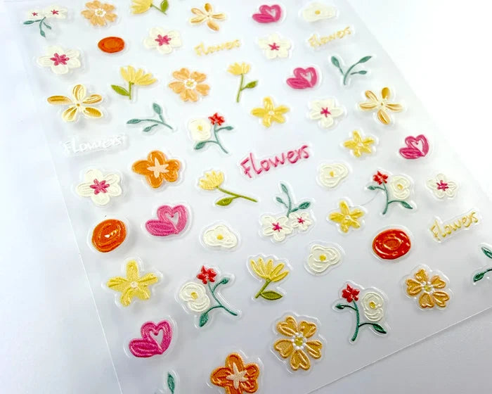 Close-up of the hand drawn Golden Wildflowers nail decals