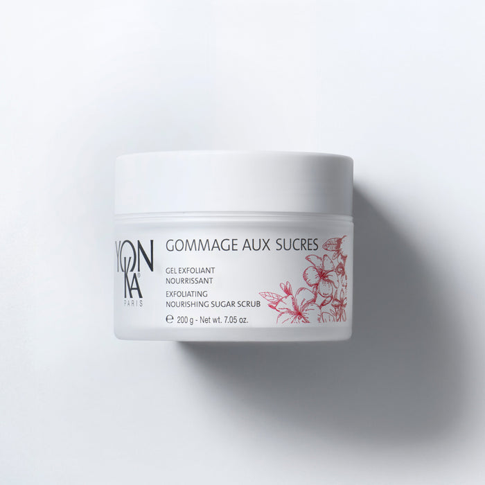 Gommage Aux Sucres Jasmine jar showing sugar scrub texture label noting Reunion Island sugars sunflower oil and jasmine aroma