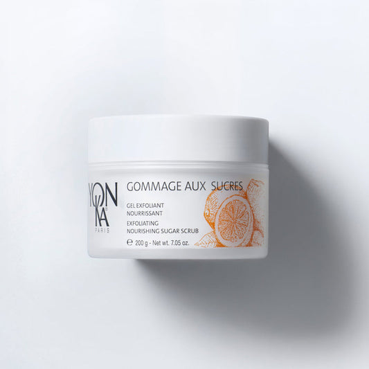 Gommage Aux Sucres Mandarin jar showing Réunion brown sugar grains white sugar and mandarin scented label