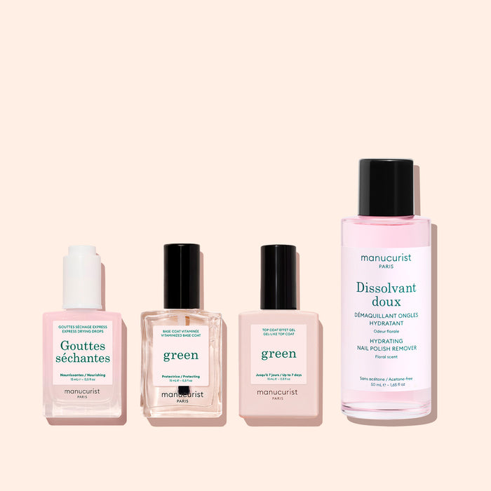 Gouttes Séchantes + Base Coat Vitaminée + Top Coat + Dissolvant Doux