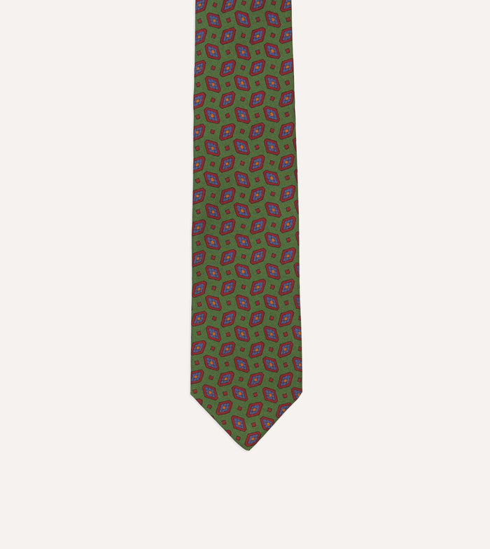 Green Medallion Print Madder Silk Self-Tipped Tie