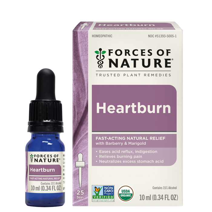 Front view of Heartburn 10 ml dropper bottle and box showing product label and 25 doses variant on white background