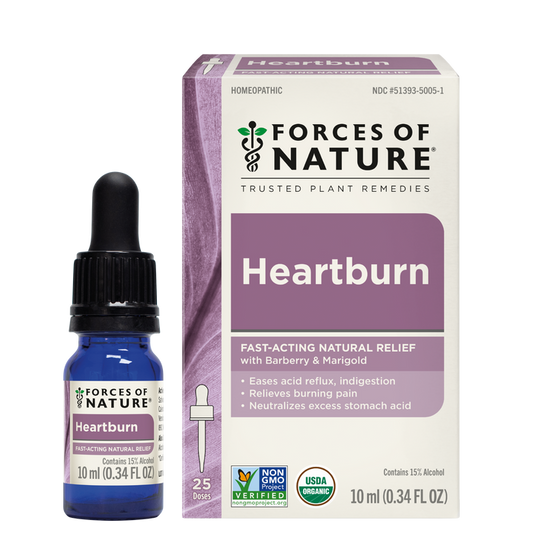 Front view of Heartburn 10 ml dropper bottle and box showing product label and 25 doses variant on white background