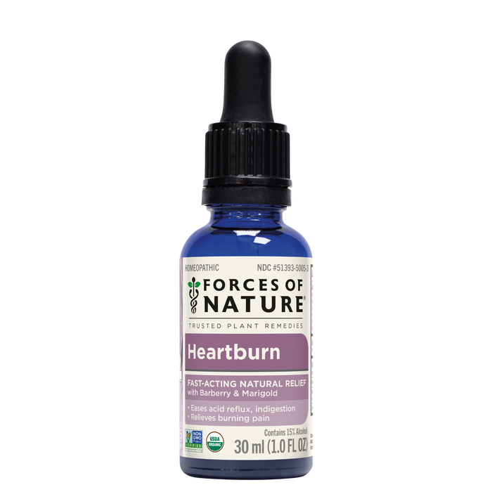 Front view of Forces of Nature Heartburn dropper bottle showcasing purple product label and black dropper cap against a white background