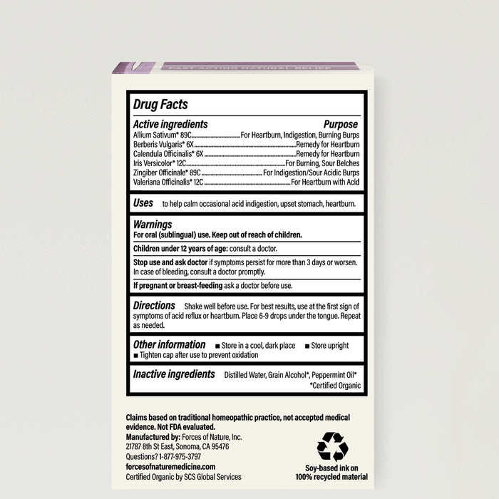 Label panel showing Drug Facts for Heartburn drops listing active ingredients, uses, warnings, directions, and inactive ingredients