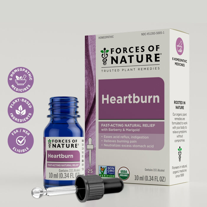 Front view of Heartburn 10 ml blue dropper bottle with purple label and detached dropper beside box on white background