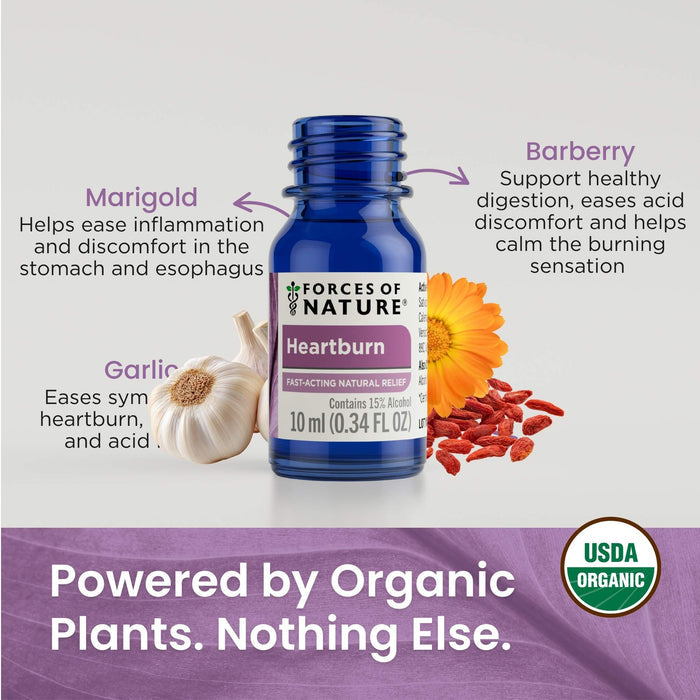Infographic showing Heartburn support bottle with callouts for marigold, barberry, and garlic and the headline ‘Powered by Organic Plants’