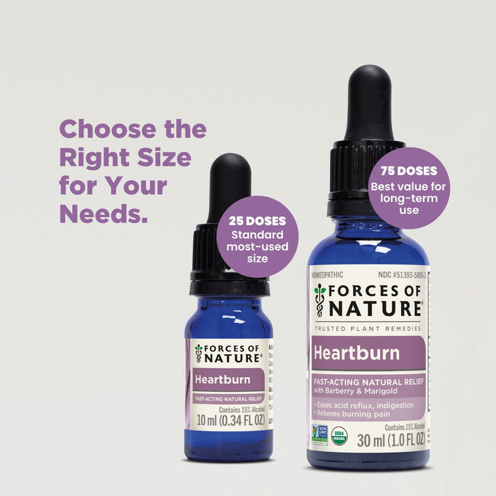 Front view of Heartburn support drops: 10 ml and 30 ml bottles with 25-dose and 75-dose badges on light gray background
