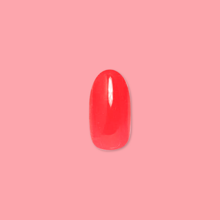 Hibiscus - Press-On | Medium | Oval showing a single medium oval press-on nail in bright tropical pink polish on pink background