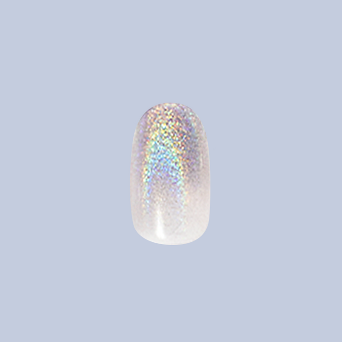 Holographic Gradient - Press-On | Short | Round single false nail with neutral base and shimmering holographic effect on blue background