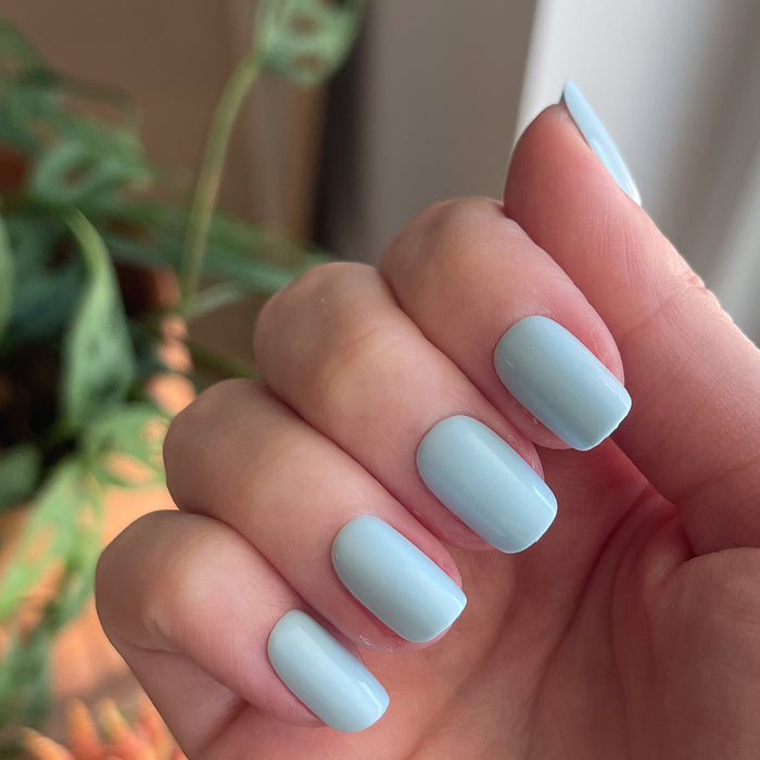 Honest & True - Press-On | Short | Squoval showing hand with serene blue short squoval press-on manicure indoors near plants