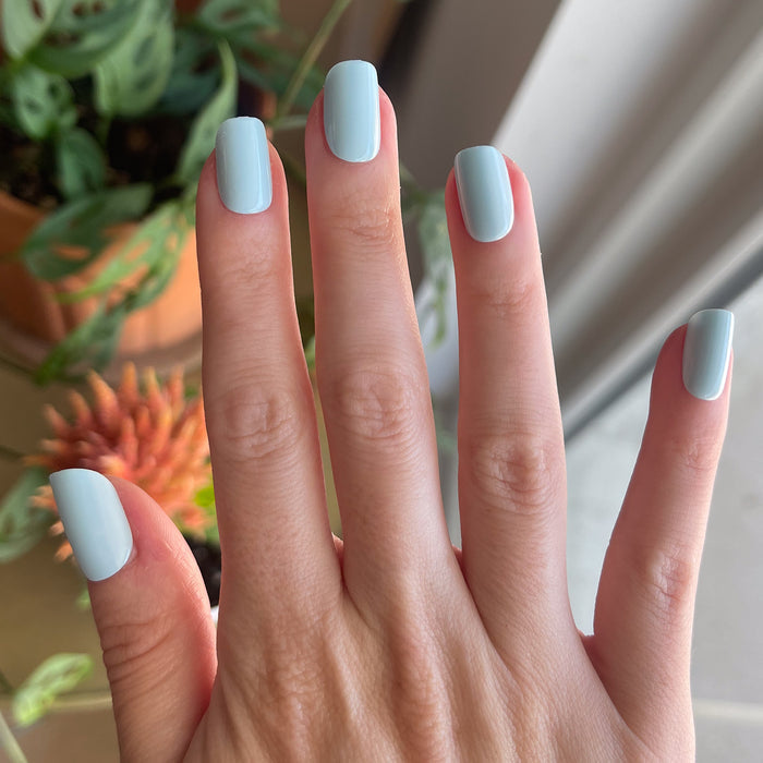 Honest & True - Press-On | Short | Squoval showing hand with serene blue short squoval press-on nails indoors near plants and natural light