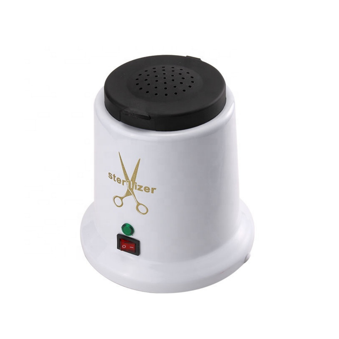 Q002G Hot Bead Salon Tools Sterilizer | A white cylindrical hot bead sterilizer device with a black perforated top lid, featuring a gold scissors logo and the word 'sterilizer' on the front, along with a green button and a red power switch, set against a plain white background.