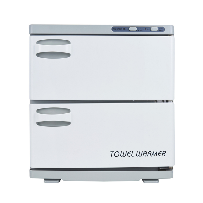 E062 Double Hot Towel Cabinet | A white two-door towel warmer with gray handles and a gray top control panel, shown against a plain white background.