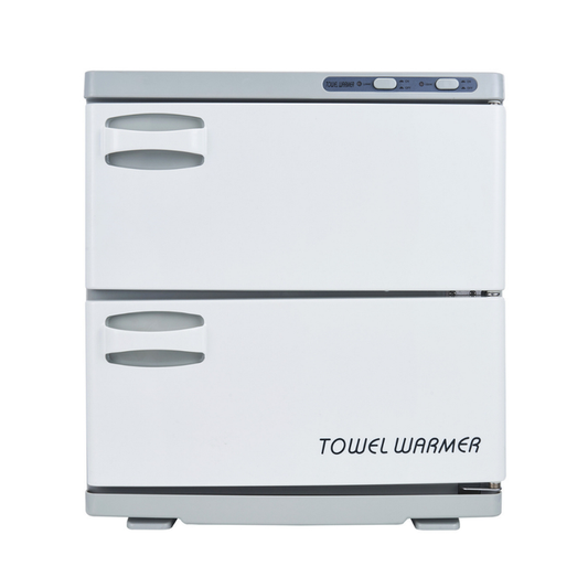 E062 Double Hot Towel Cabinet | A white two-door towel warmer with gray handles and a gray top control panel, shown against a plain white background.