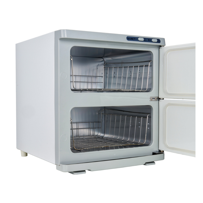 E062 Double Hot Towel Cabinet | A white double-door Hot Towel Cabinet with both doors open, showing two levels of wire racks inside, set against a plain white background.