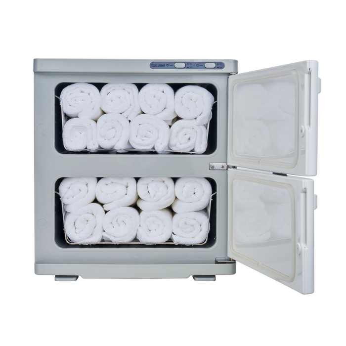 E062 Double Door Hot Towel Cabinet | A stainless steel double-door towel sterilizer with both doors open, showing white rolled towels inside on a clean white background.