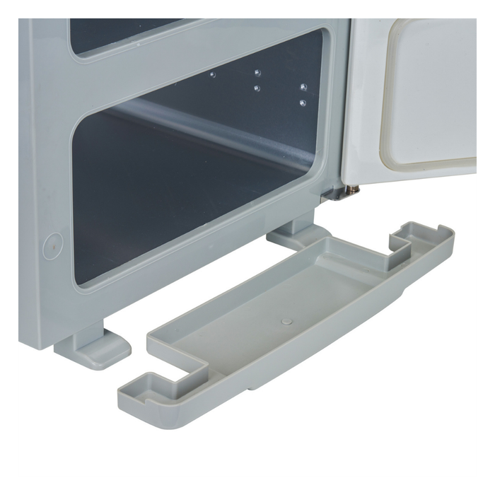 E062 Double Hot Towel Cabinet | A light gray plastic under-shelf tray or dispenser tray shown extended from beneath a matching Hot Towel Cabinet, photographed on a plain white background.