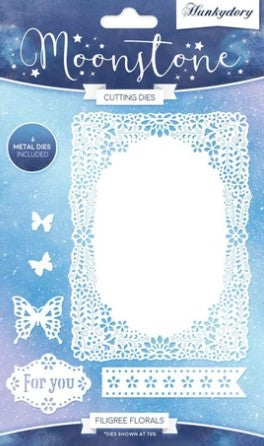 Hunkydory Crafts - Moonstone Dies - Filigree Florals. The Moonstone Dies – Filigree Florals is a wonderfully versatile set that co-ordinates with old and new Deco-Large Collections and can be used time and time again for all occasions. This die set contains 6 metal dies allowing you to create a beautifully detailed panel, co-ordinating border and more. Available at Embellish Away located in Bowmanville Ontario Canada.