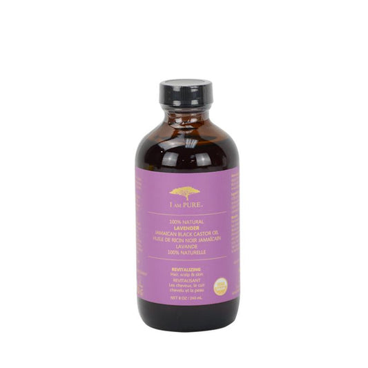 I AM PURE amber bottle of Jamaican black castor oil lavender for hair growth and scalp nourishment