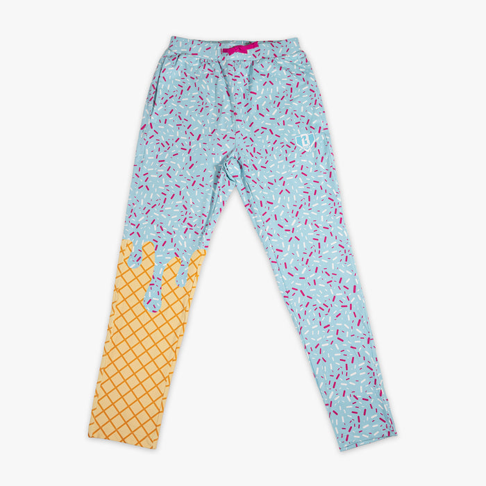 Adult model wearing ice Cream Pajama Pants Cotton Candy Blue pants