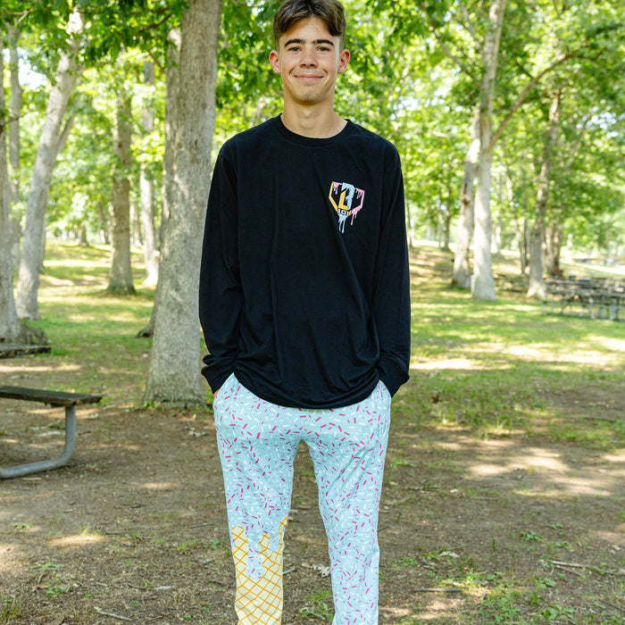 Adult model wearing ice Cream Pajama Pants Cotton Candy Blue pants