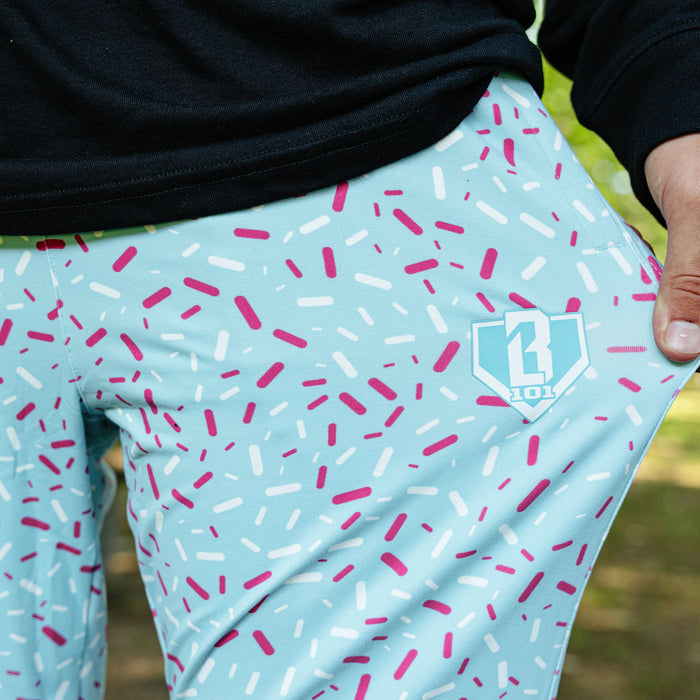 Adult model wearing ice Cream Pajama Pants Cotton Candy Blue pants