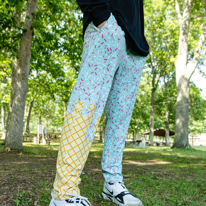 Adult model wearing ice Cream Pajama Pants Cotton Candy Blue pants
