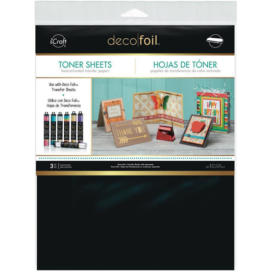 iCraft - Deco Foil - Toner Sheets - 8.5"X11" - 3/Pkg. Simply use scissors, punches, dies or an electronic cutter to cut any shape, then layer with Deco Foil Transfer sheet and run through a laminator. This package contains three 11x8-1/2 inch toner sheets. Made in USA. Available at Embellish Away located in Bowmanville Ontario Canada.