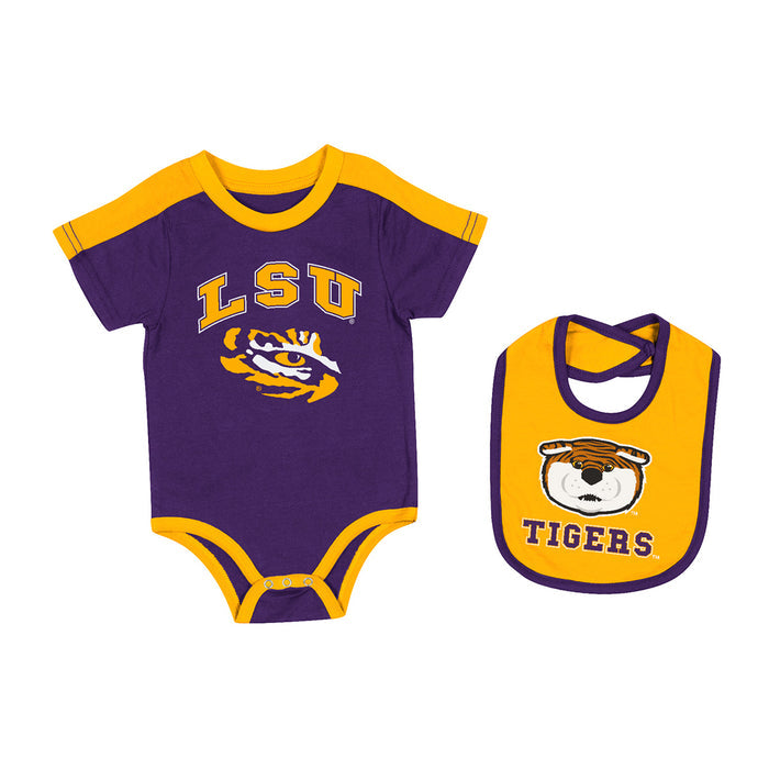 Infant purple and gold onesie and bib set with LSU Louisiana State University graphic print.