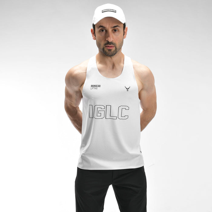 Man wearing a white tank top with 'IGLC' branding on a gray background