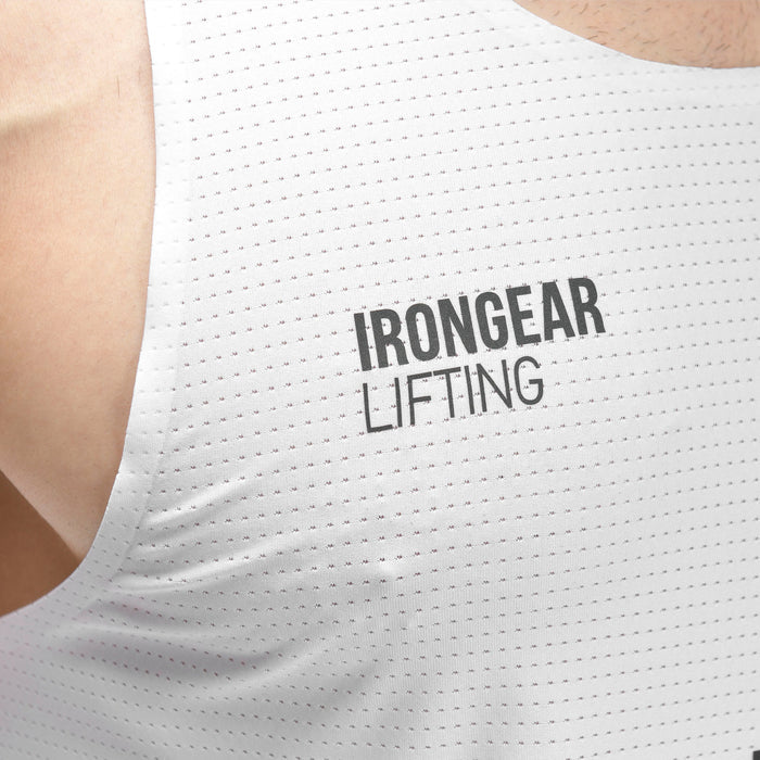 White tank top with 'IRONGEAR LIFTING' text on a person wearing it.