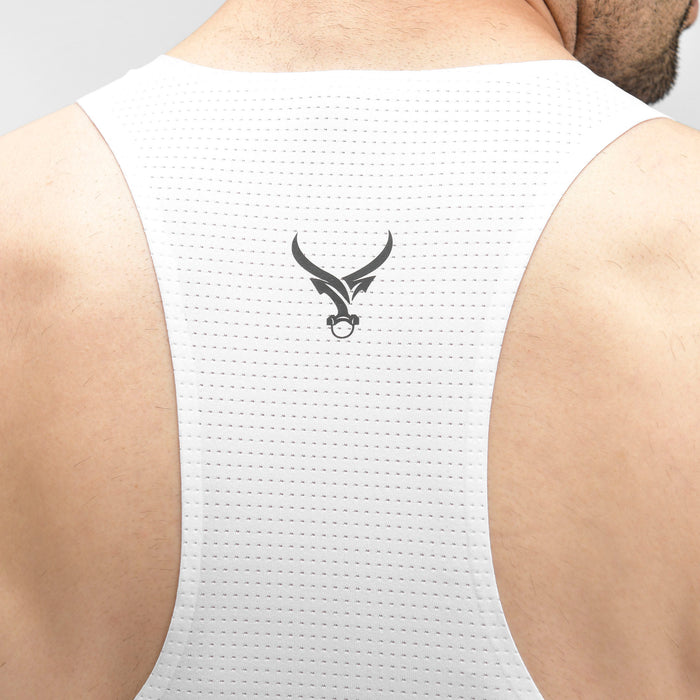 White tank top with a black logo on the back, worn by a person.