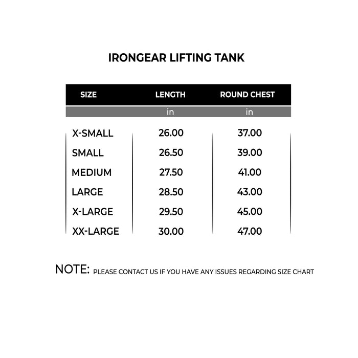Size chart for IRONGEAR Lifting Tank - W