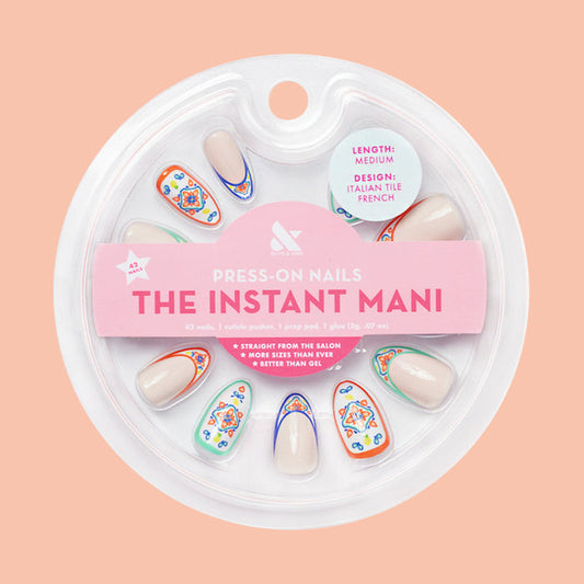 Italian Tile French - Press-On | Medium | Almond with colorful tile-inspired accents and French tip design for easy mani
