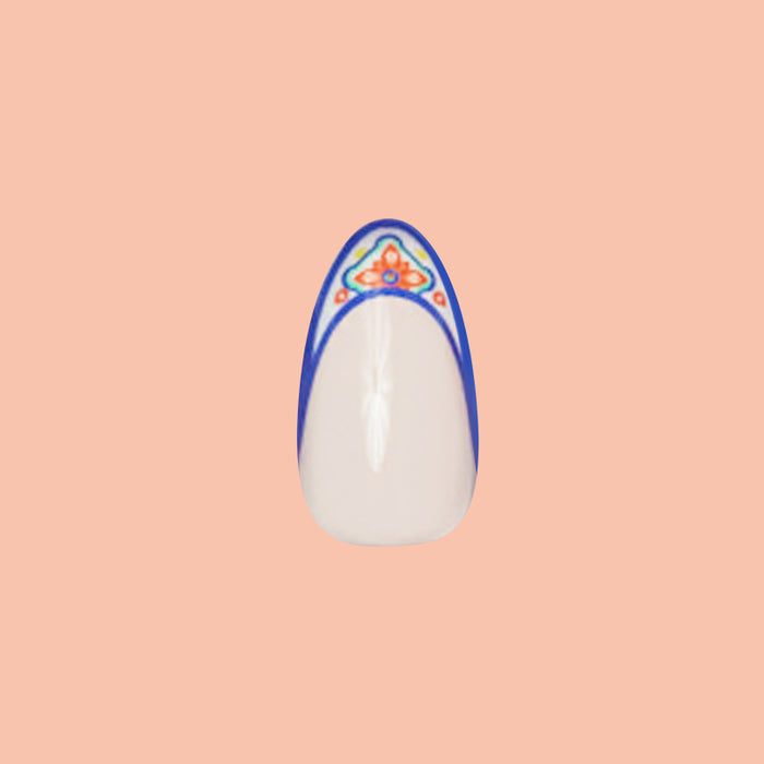 Italian Tile French - Press-On | Medium | Almond with blue and orange intricate tile-inspired tip design for easy at home mani